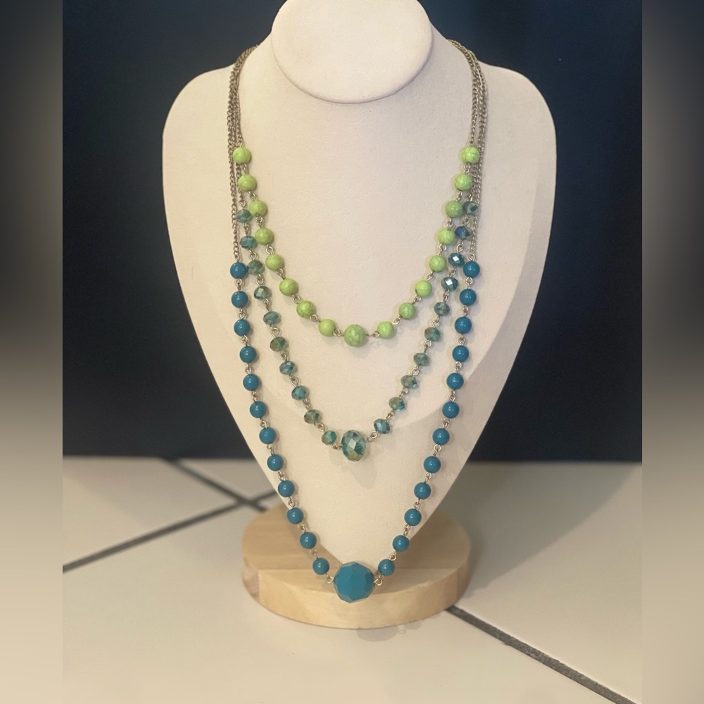 Three Row Beaded Necklace with Blue AB Cristal Beads